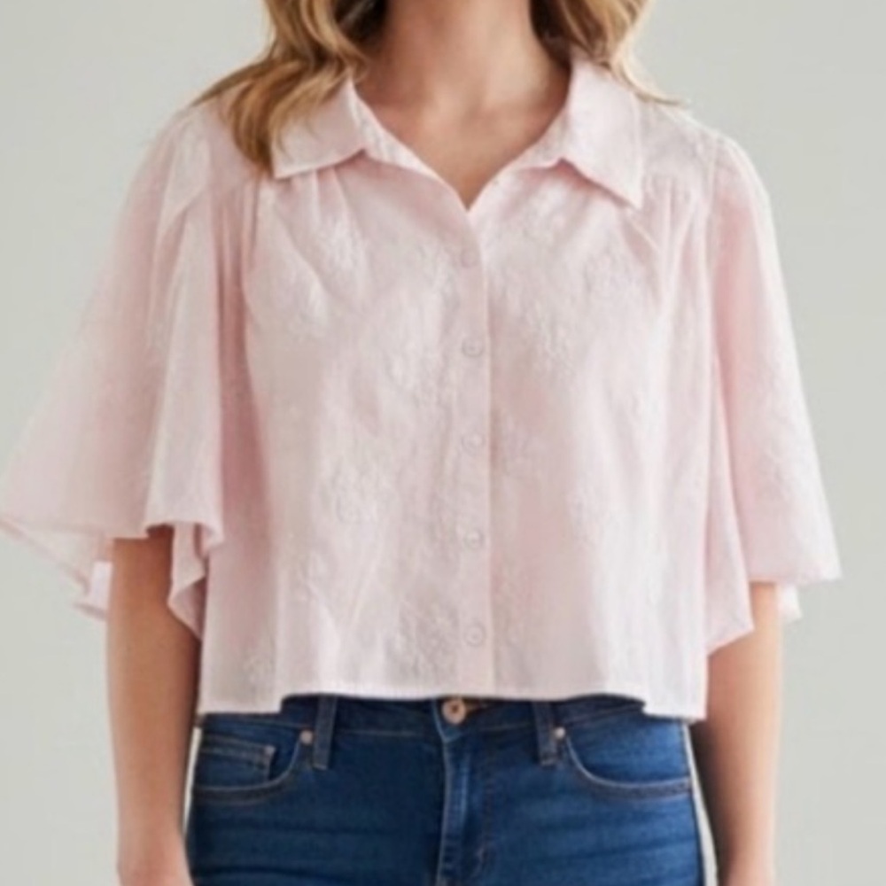 Caroline Constas Light Pink Cropped Button-Front Blouse